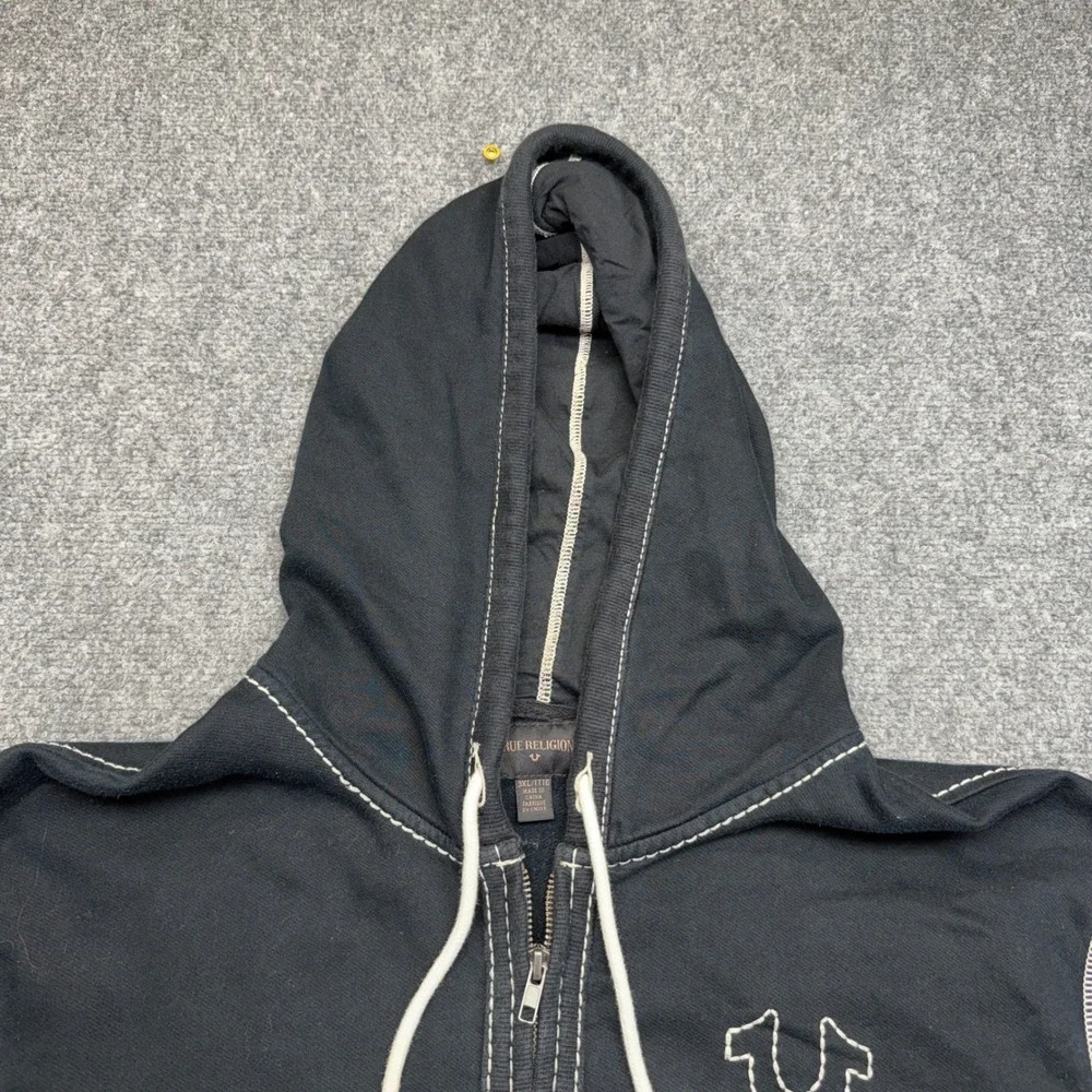 Y2K True Religion Mens 3XL Black Contrast Stitch Zip Up Hoodie Horseshoe Logo